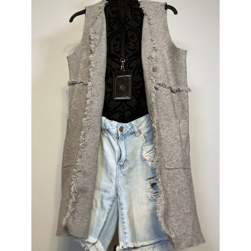 Fringe Long Open Gray Soft Sleeveless Vest with Pockets Y2K, Boho, Festival, Sm